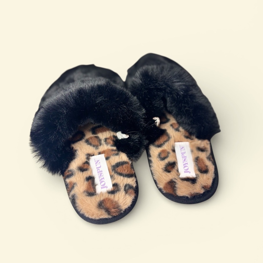 Faux Fur Leopard Print‎ Slide Slippers  6 House Shoes Comfy Homebody Gift Mom